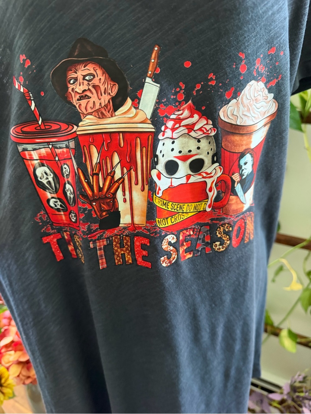 Black V-Neck Kids Graphic Tee with Red and White Holiday Horror Print